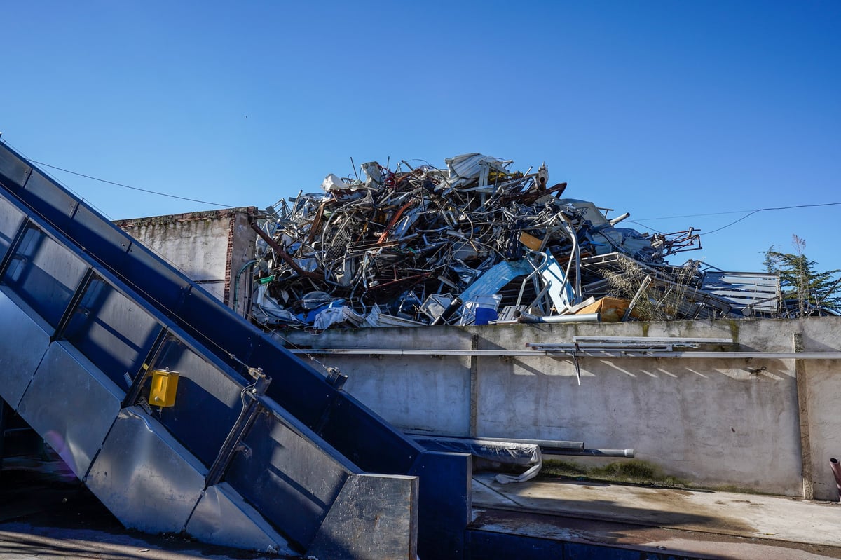 Mixed iron, steel and automotive scrap at a metal recycling facility